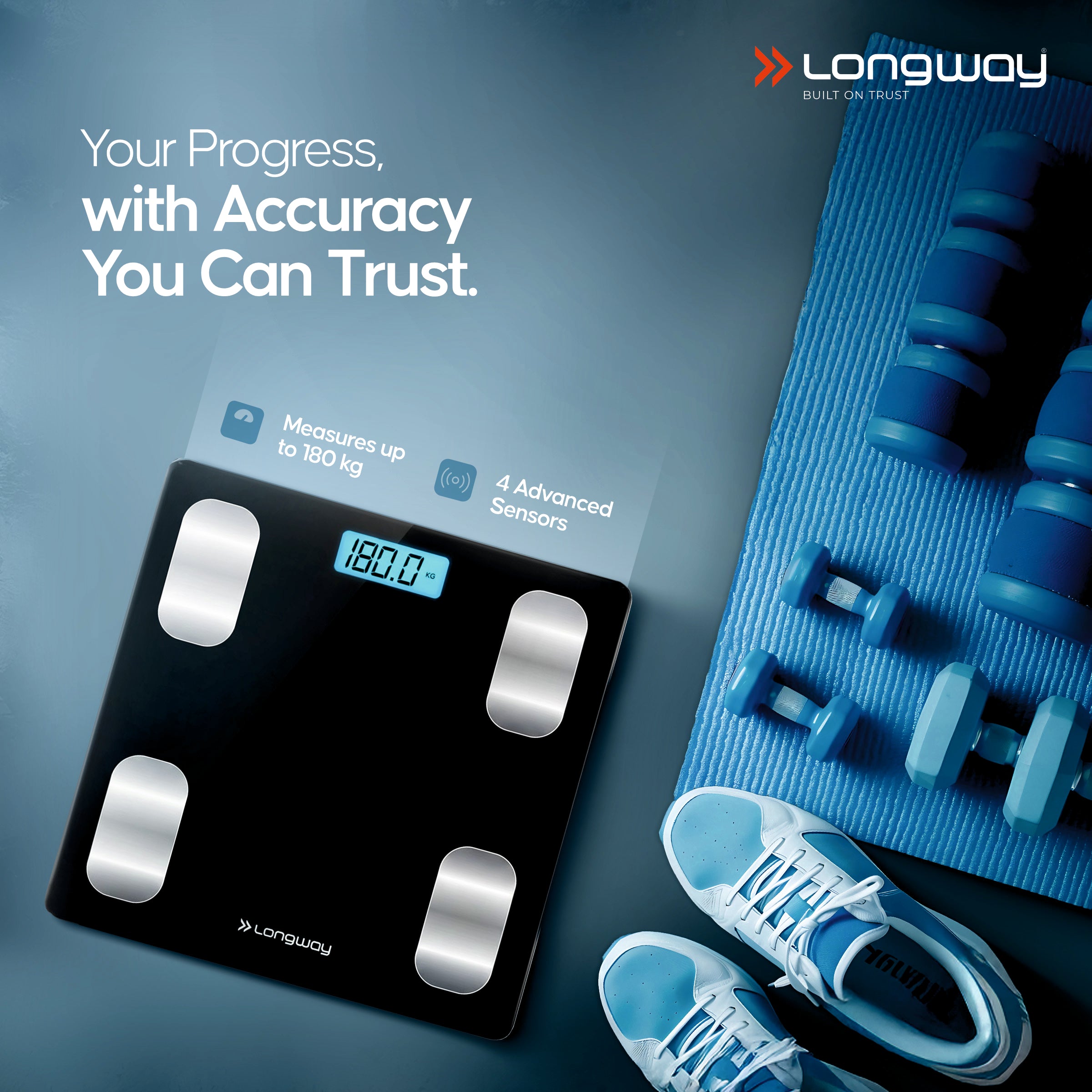 Longway Weight Machine for Home | Digital Bathroom Scale for Human Body Weight Measurement | Extra Thick Tempered Glass with LCD Display (36 Months Warranty | Black | Max Weight 180Kgs | Core)