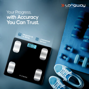 Longway Weight Machine for Home | Digital Bathroom Scale for Human Body Weight Measurement | Extra Thick Tempered Glass with LCD Display (36 Months Warranty | Black | Max Weight 180Kgs | Core)