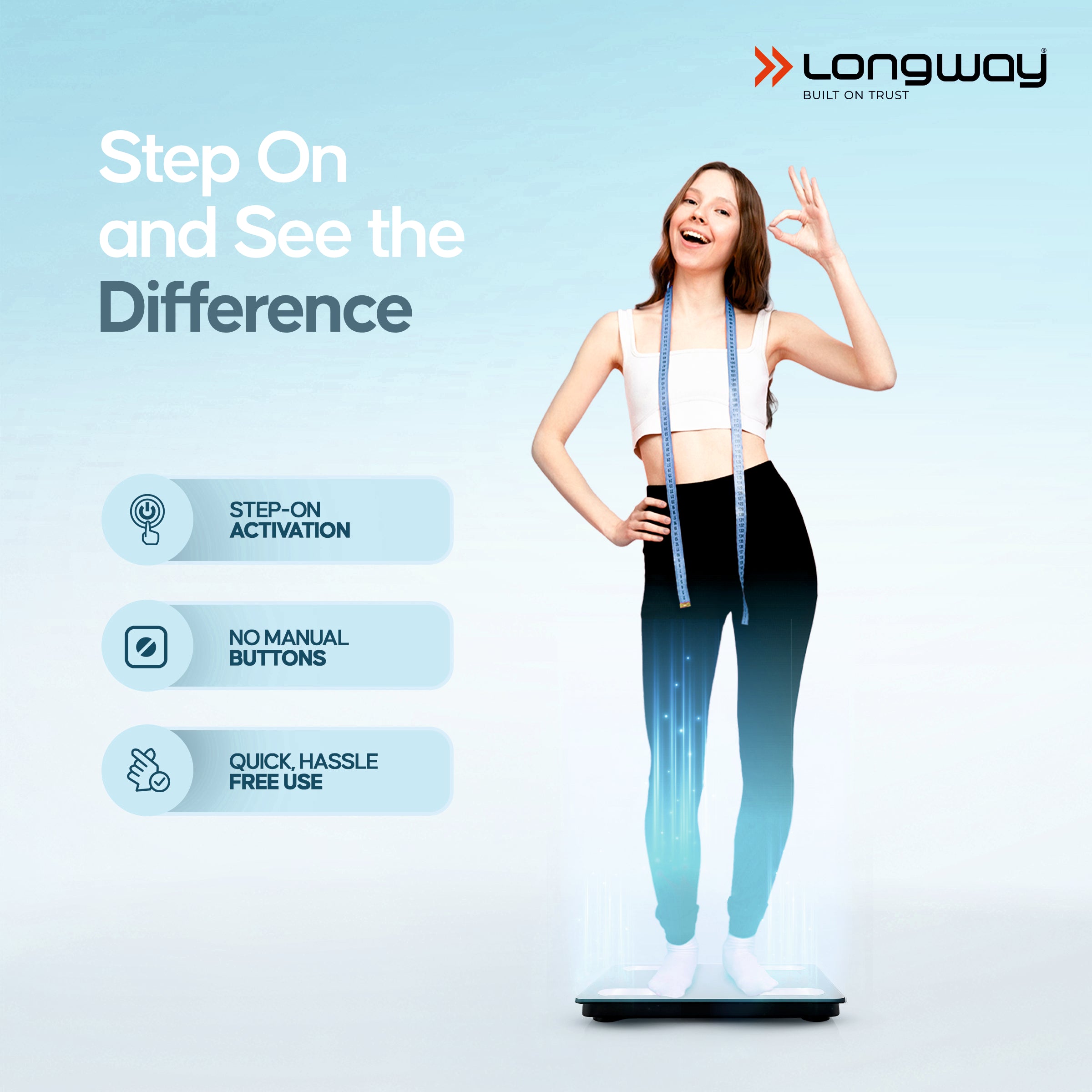 Longway Weight Machine for Home | Digital Bathroom Scale for Human Body Weight Measurement | Extra Thick Tempered Glass with LCD Display (36 Months Warranty | Black | Max Weight 180Kgs | Core)