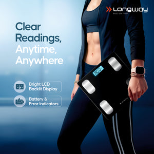 Longway Weight Machine for Home | Digital Bathroom Scale for Human Body Weight Measurement | Extra Thick Tempered Glass with LCD Display (36 Months Warranty | Black | Max Weight 180Kgs | Core)