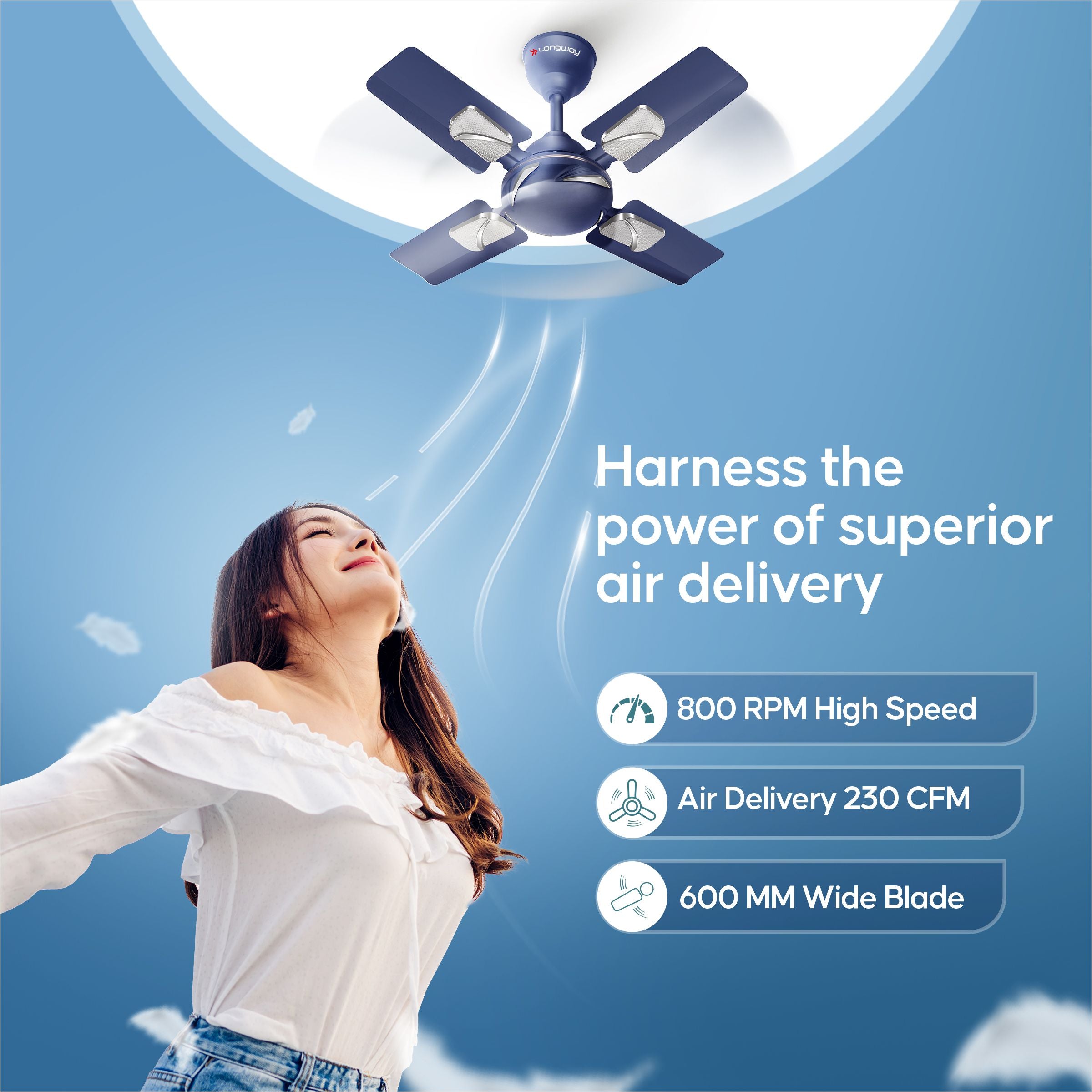 Longway Creta P1 600 mm/24 inch Ultra High Speed 4 Blade Anti-Dust Decorative Star Rated Ceiling Fan (Silver Blue, Pack of 1)