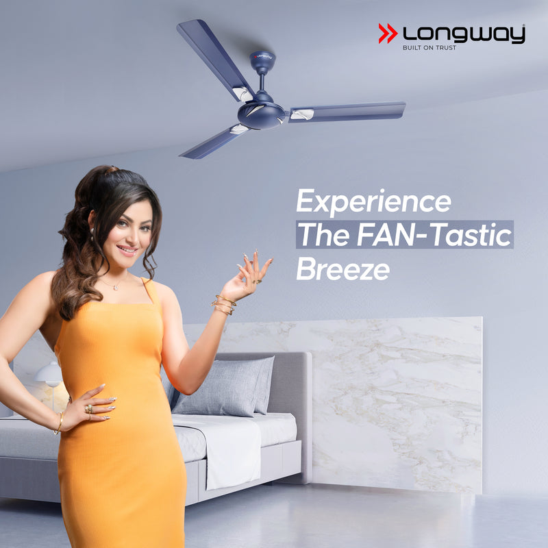 Longway Creta P1 1200 mm/48 inch Ultra High Speed 3 Blade Anti-Dust Decorative Star Rated Ceiling Fan (Silver Blue, Pack of 1)