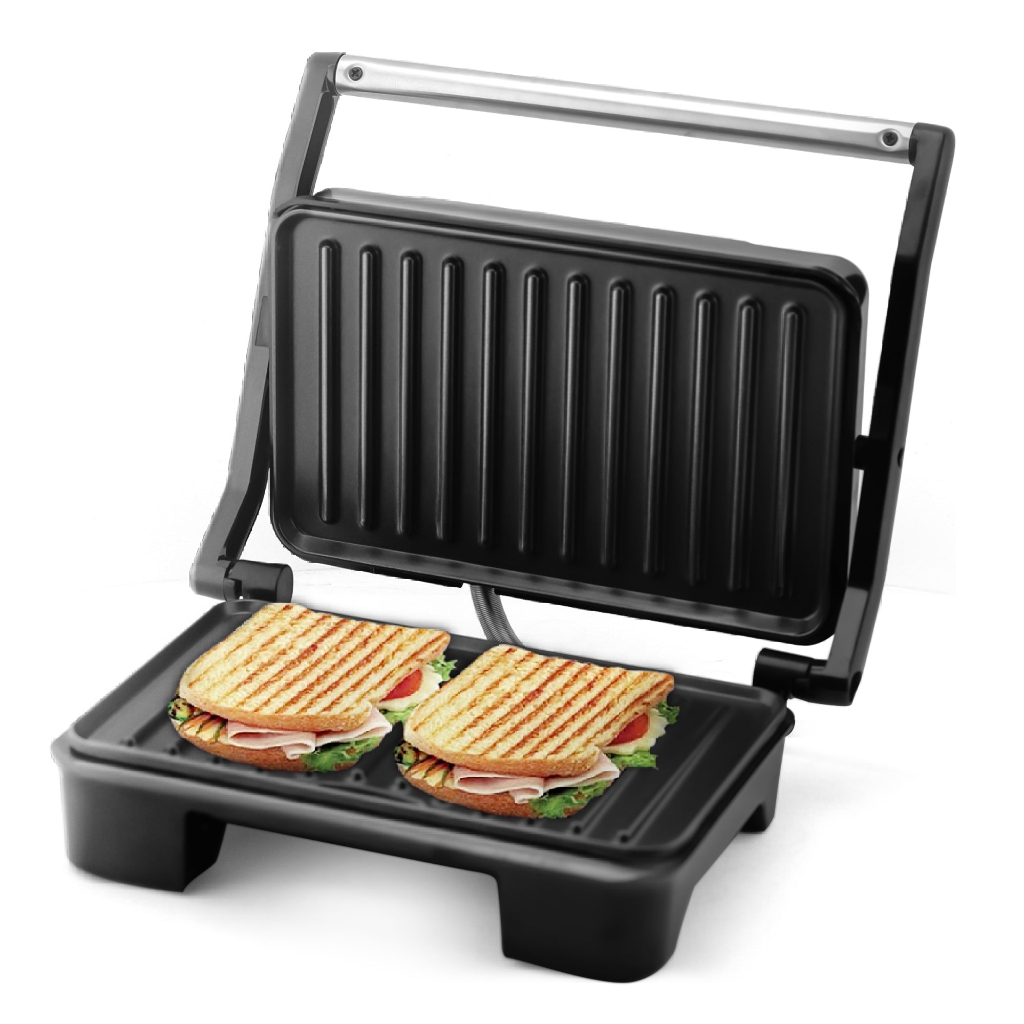 Longway Crisp Master 1000 W Electric Panini Sandwich Maker, Grill & Toaster | Non-stick Coating Cast Aluminum Plates | Adjustable Height Control & Floating Hinges | Grills Sandwiches, Bread, Burger, Grilled Chicken & Kebabs (Metallic Silver)