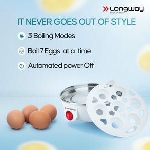 Longway Eggo 350 Watt Egg Boiler/Cooker for Steaming, Cooking & Boiling (White, 7 Eggs)