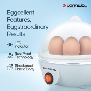 Longway Eggo 350 Watt Egg Boiler/Cooker for Steaming, Cooking & Boiling (White, 7 Eggs)