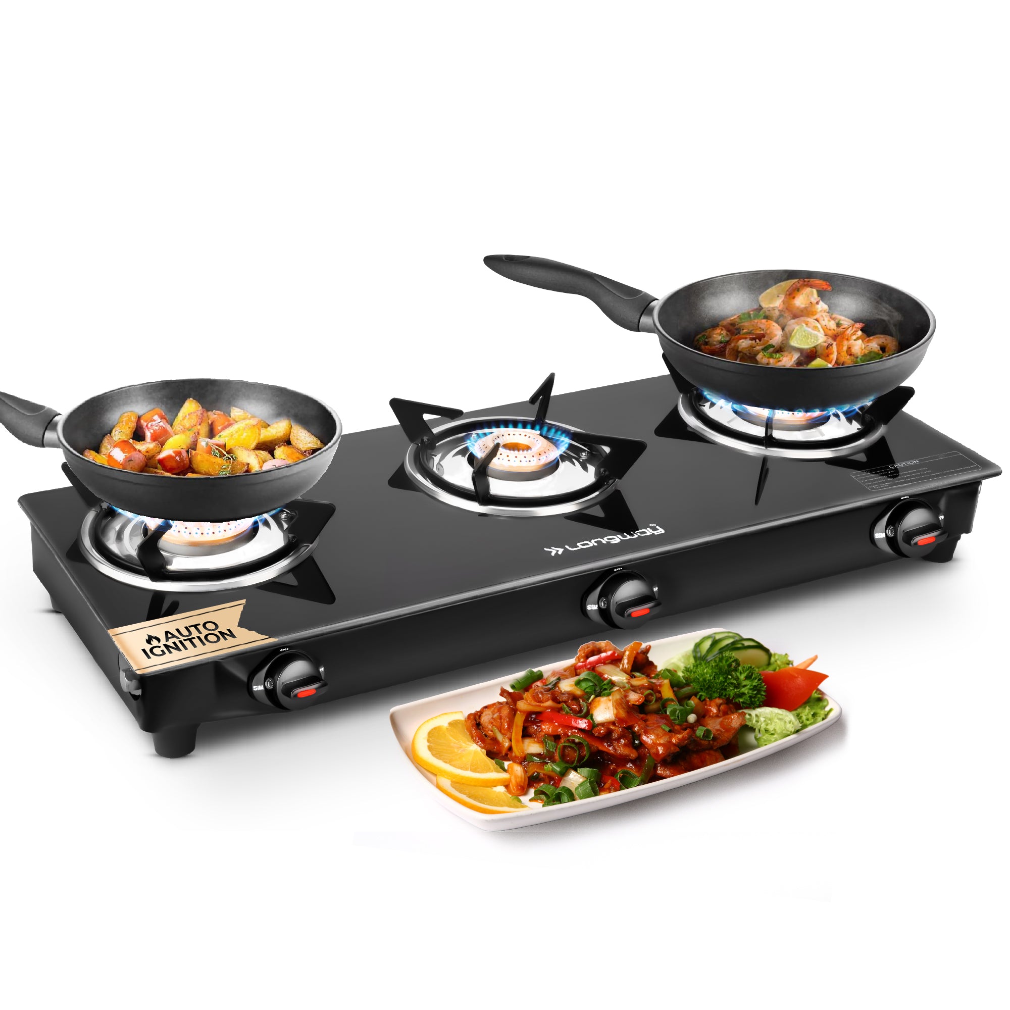 Longway Furn Glass Top, 3 Burner Auto Ignition Glass Gas Stove (Black, Longway India