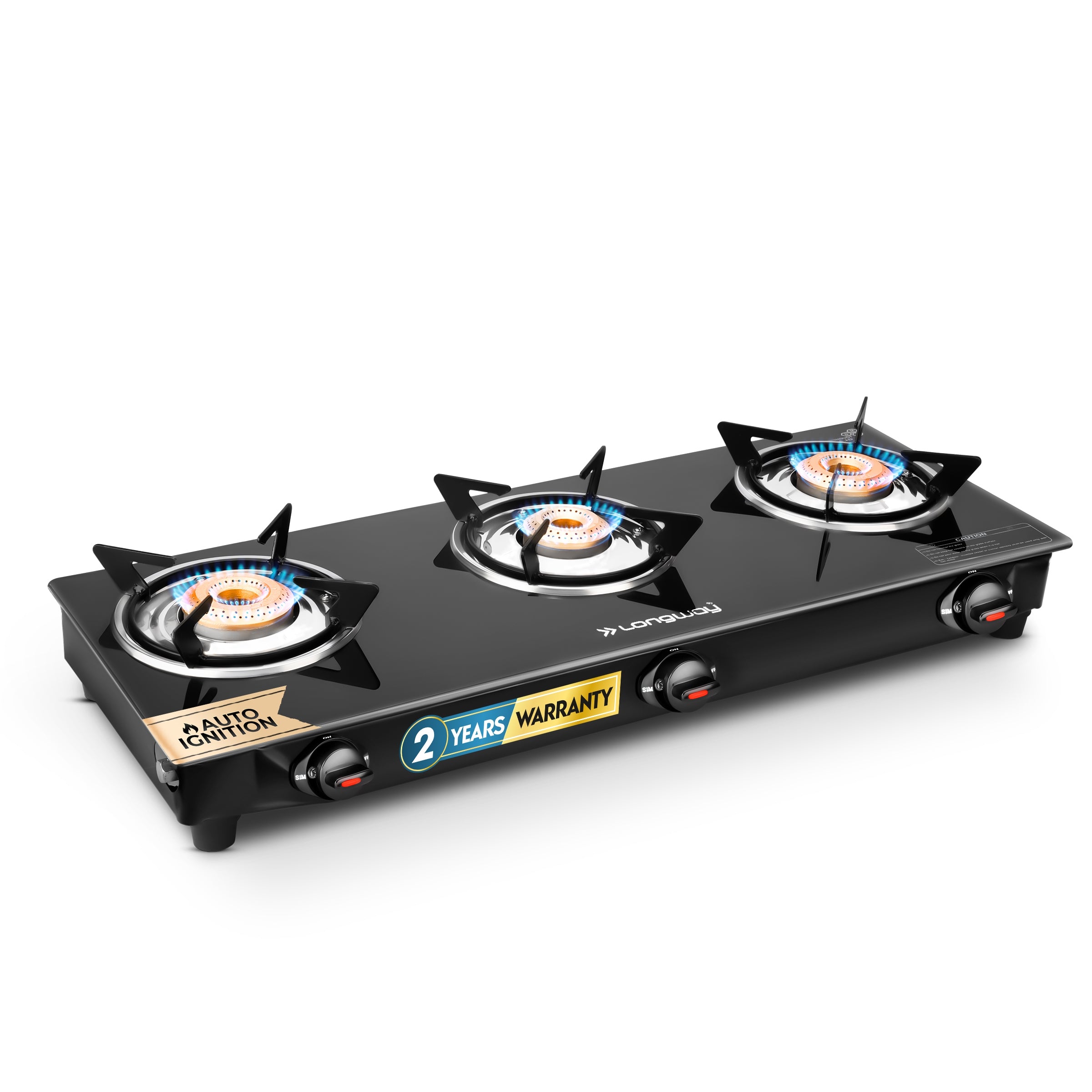 Longway Furn Glass Top, 3 Burner Auto Ignition Glass Gas Stove (Black, ISI Certified)