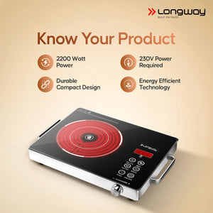 Longway Infralite Pro ICT 2200 W Infrared Cooktop with Free Stainless Steel Grill | Auto Shut Off & Overheat Protection  (Black, Touch Control)
