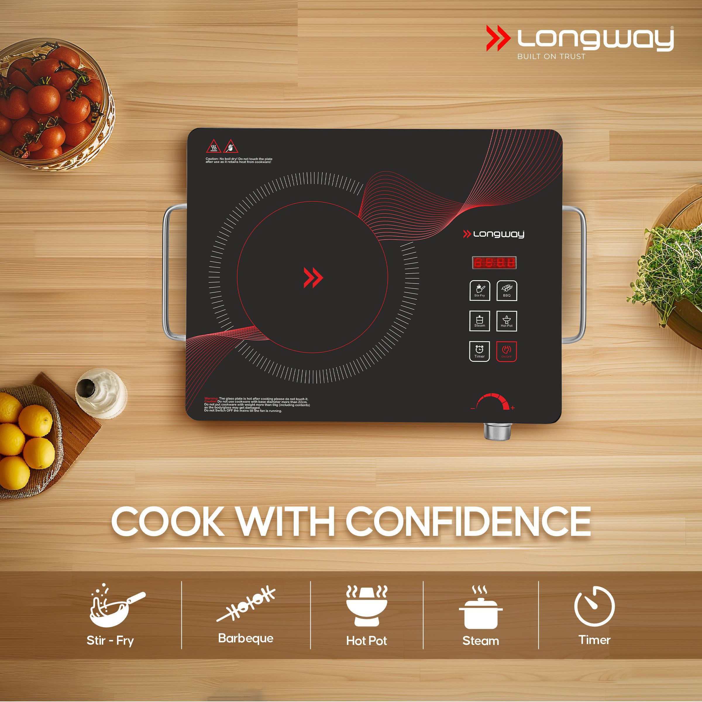 Longway Infralite Pro ICT 2200 W Infrared Cooktop with Free Stainless Steel Grill | Auto Shut Off & Overheat Protection