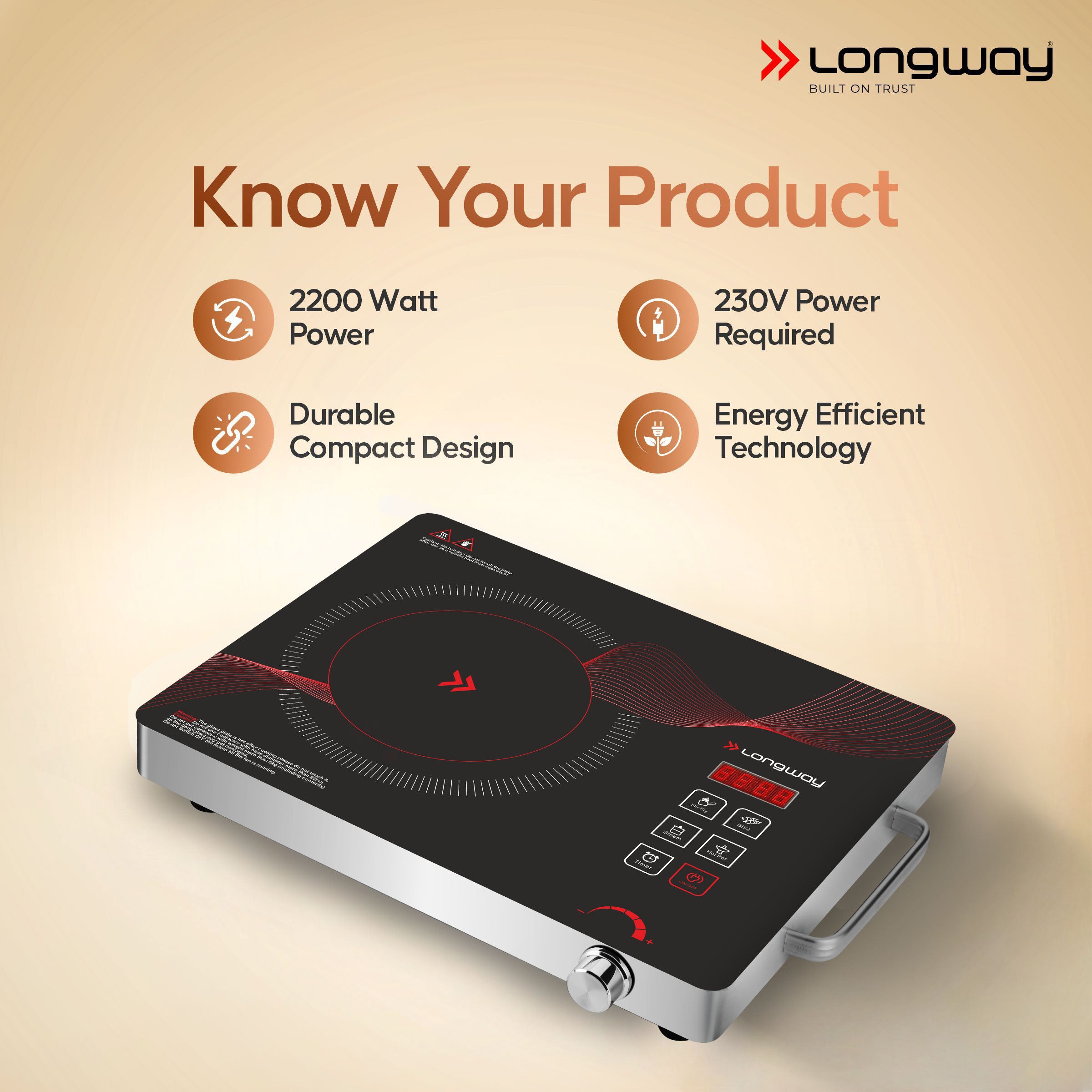 Longway Infralite Pro ICT 2200 W Infrared Cooktop with Free Stainless Steel Grill | Auto Shut Off & Overheat Protection