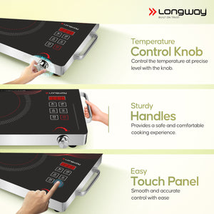 Longway Infralite Pro ICT 2200 W Infrared Cooktop with Free Stainless Steel Grill | Auto Shut Off & Overheat Protection