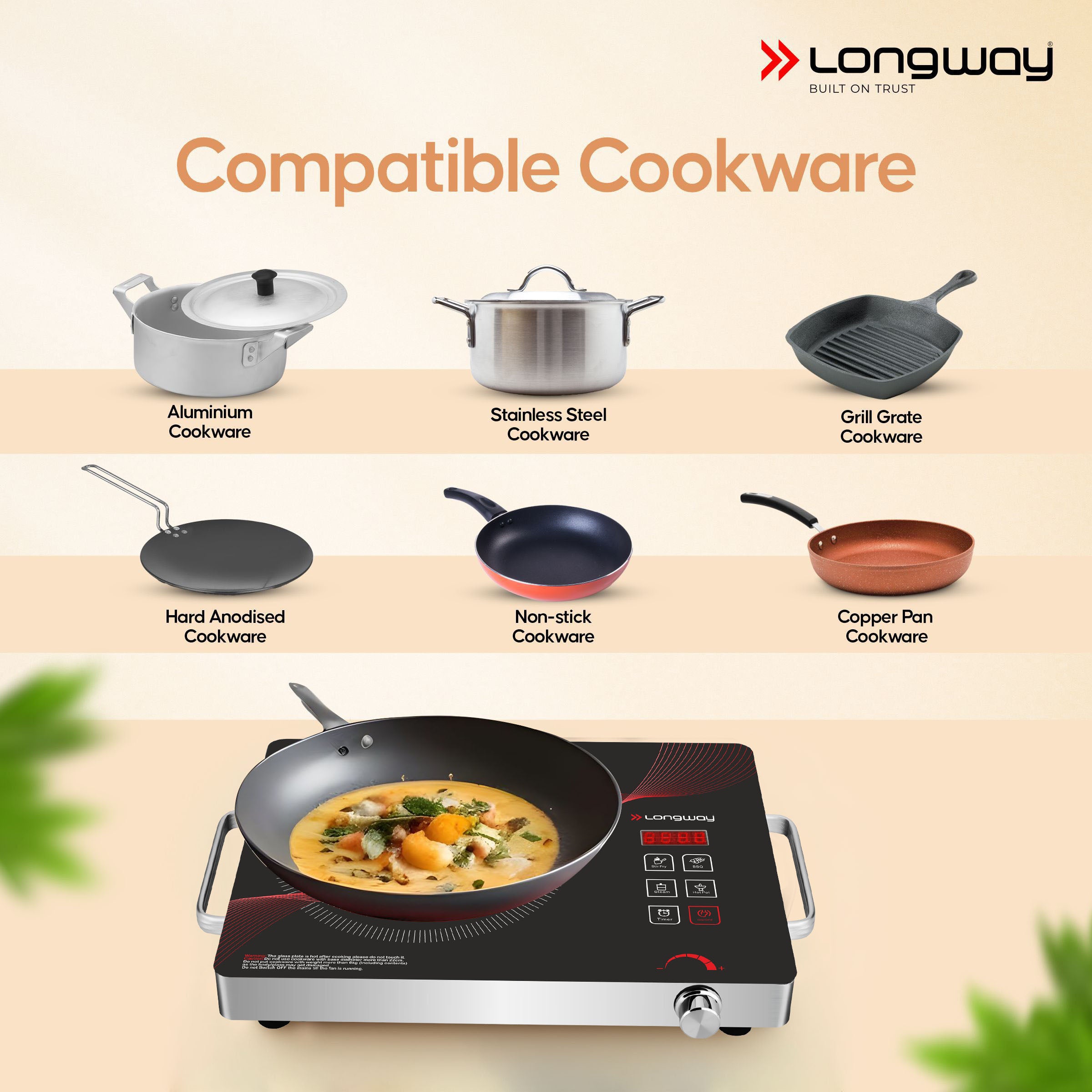 Longway Infralite Pro ICT 2200 W Infrared Cooktop with Free Stainless Steel Grill | Auto Shut Off & Overheat Protection