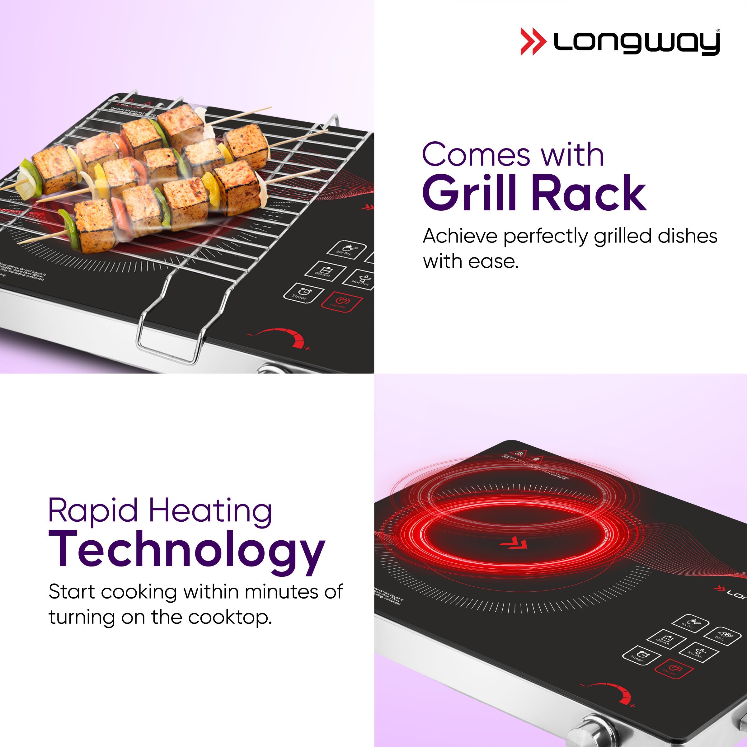 Longway Infralite Pro ICT 2200 W Infrared Cooktop with Free Stainless Steel Grill | Auto Shut Off & Overheat Protection
