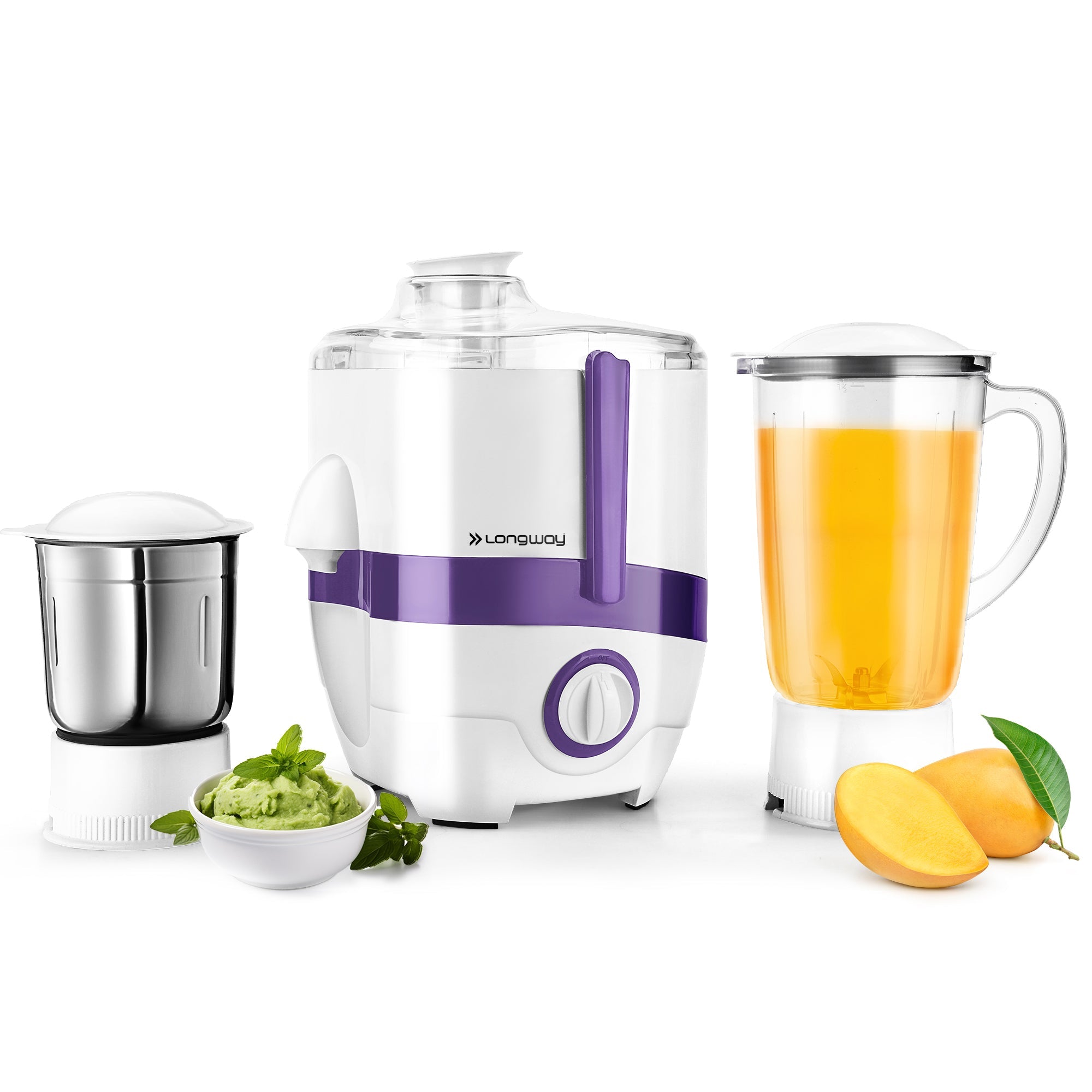 Longway Juicy 600 Watt Juicer Mixer Grinder with 2 Jars for Grinding, Mixing, Juicing with Powerful Motor | 1 Year Warranty (2 Jars, Purple)