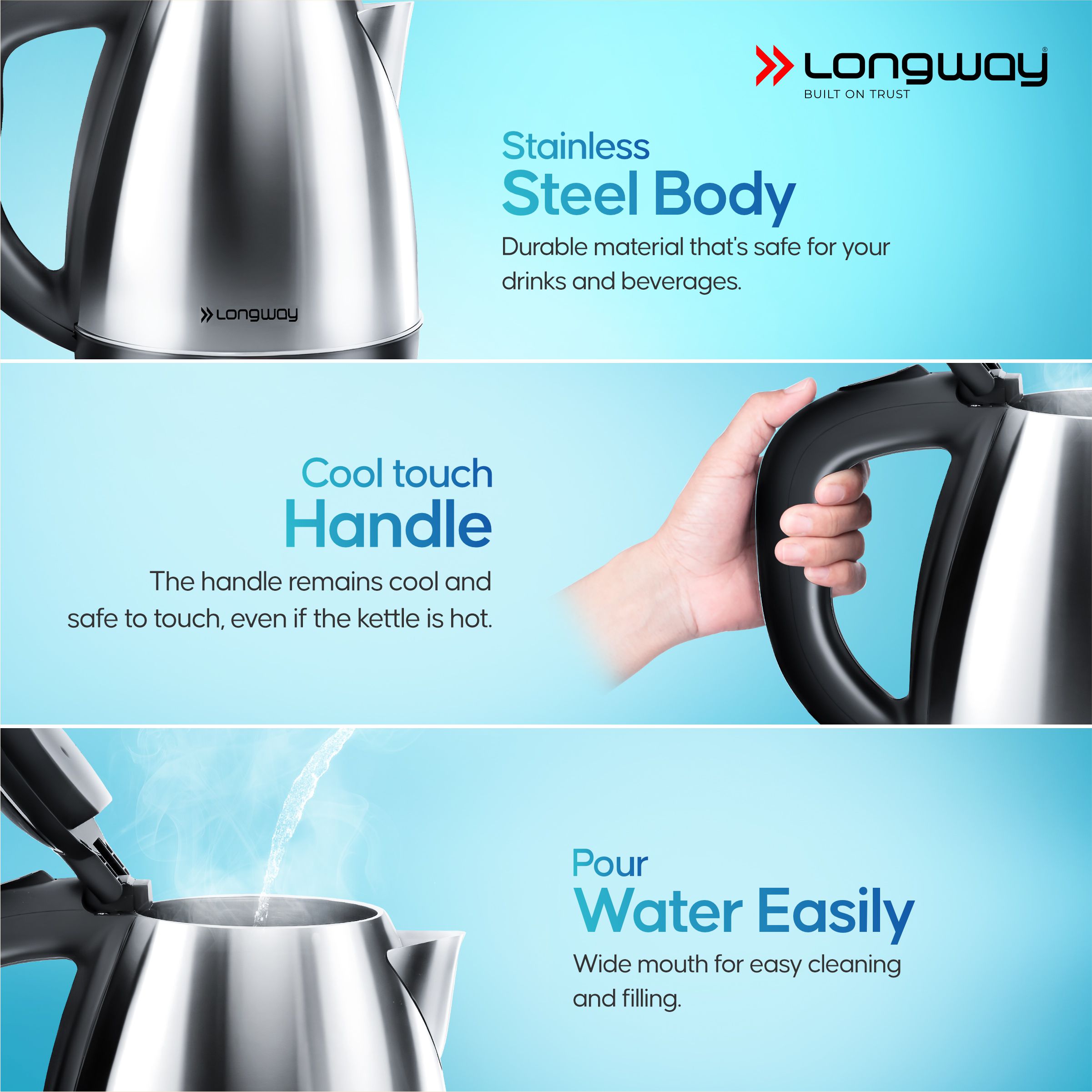 Longway Kestro Electric Kettle with Water Bottle Combo | Automatic Shut-Off | Durable Stainless Steel Body For Boiling | 2 Years Warranty (1500W)