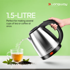 Longway Kestro Electric Kettle with Water Bottle Combo | Automatic Shut-Off | Durable Stainless Steel Body For Boiling | 2 Years Warranty (1500W)