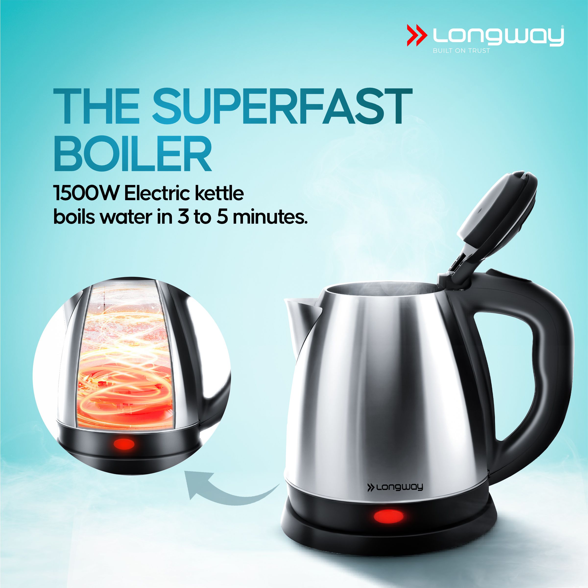 Longway Kestro Electric Kettle with Water Bottle Combo | Automatic Shut-Off | Durable Stainless Steel Body For Boiling | 2 Years Warranty (1500W)
