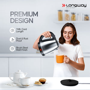 Longway Kestro Electric Kettle with Water Bottle Combo | Automatic Shut-Off | Durable Stainless Steel Body For Boiling | 2 Years Warranty (1500W)