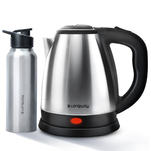 Longway Kestro Electric Kettle with Water Bottle Combo | Automatic Shut-Off | Durable Stainless Steel Body For Boiling | 2 Years Warranty (1500W)
