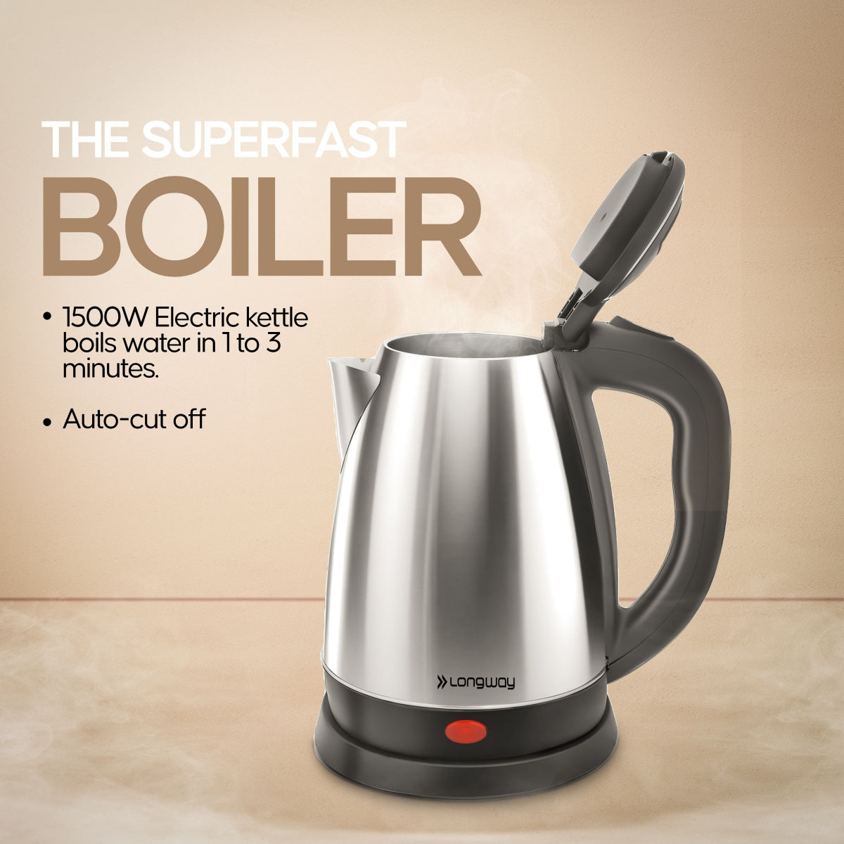 Longway Kestro Electric Kettle with Water Bottle Combo | Automatic Shut-Off | Durable Stainless Steel Body For Boiling | 2 Years Warranty (Silver Black, 1500W)
