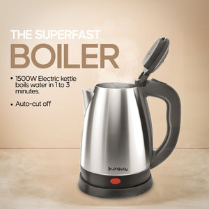 Longway Kestro Electric Kettle with Water Bottle Combo | Automatic Shut-Off | Durable Stainless Steel Body For Boiling | 2 Years Warranty (Silver Black, 1500W)