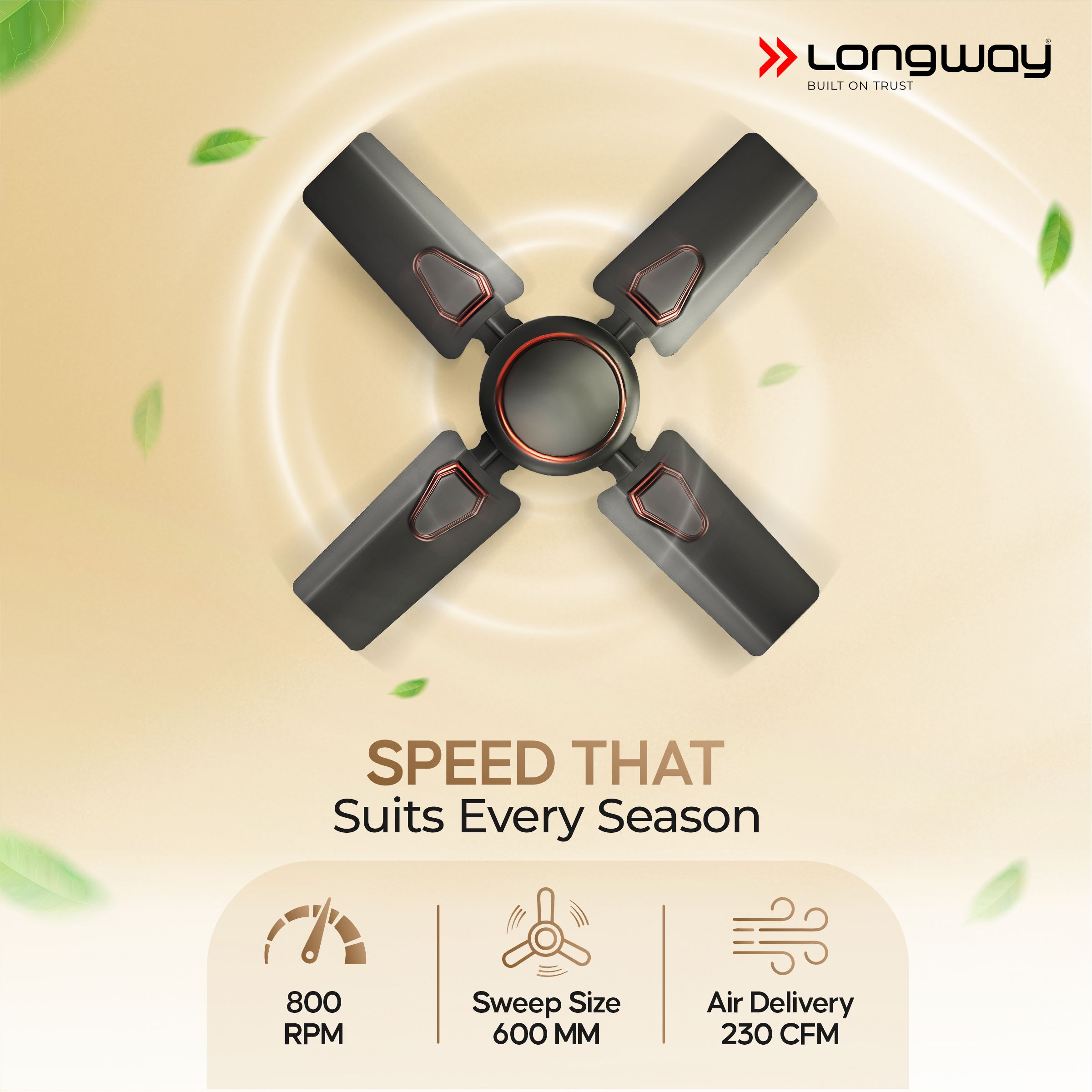 Longway Kiger P1 600 mm/24 inch Ultra High Speed 4 Blade Anti-Dust Decorative 5-Star Rated Ceiling Fan (Smoked Brown, Pack of 1)