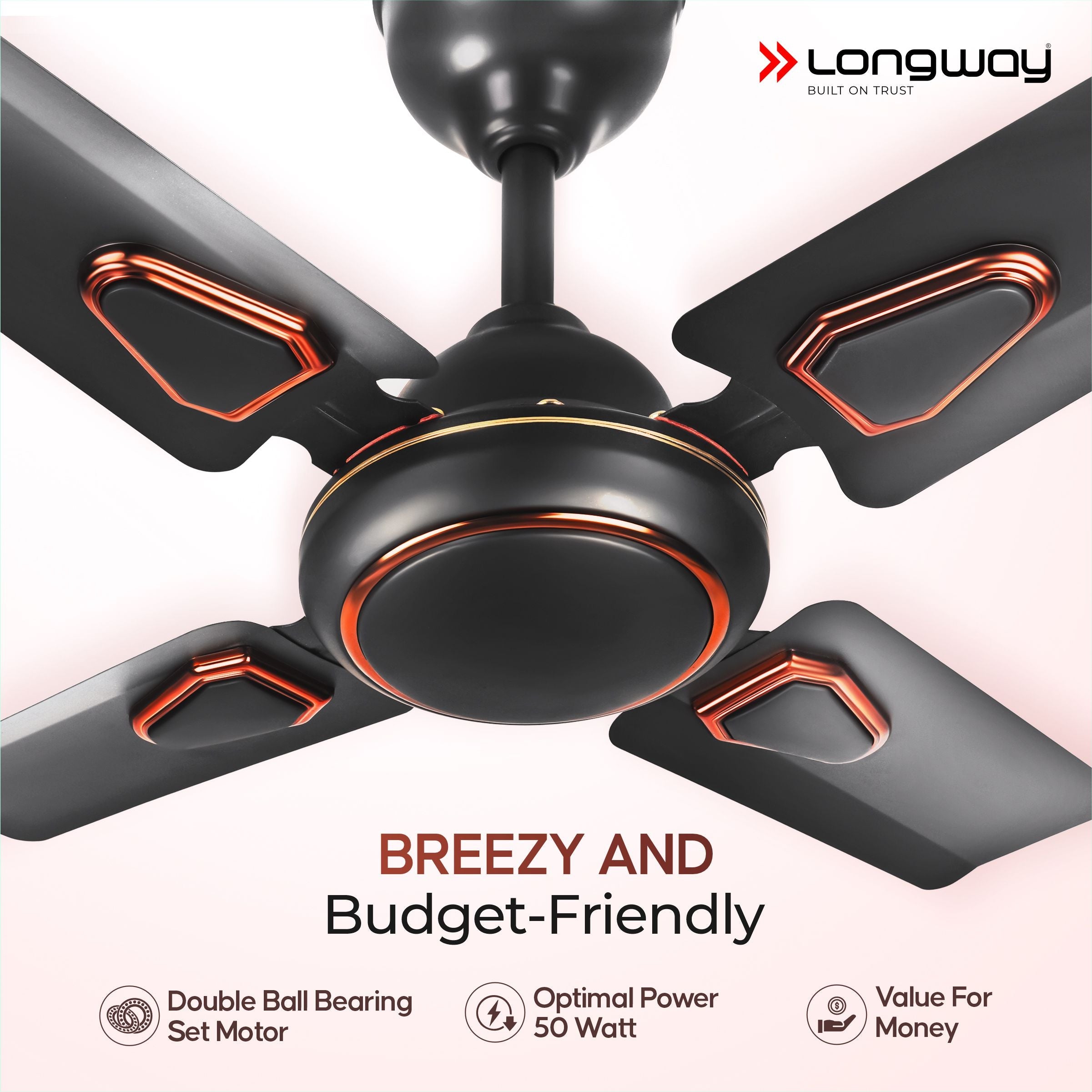 Longway Kiger P1 600 mm/24 inch Ultra High Speed 4 Blade Anti-Dust Decorative 5-Star Rated Ceiling Fan (Smoked Brown, Pack of 1)