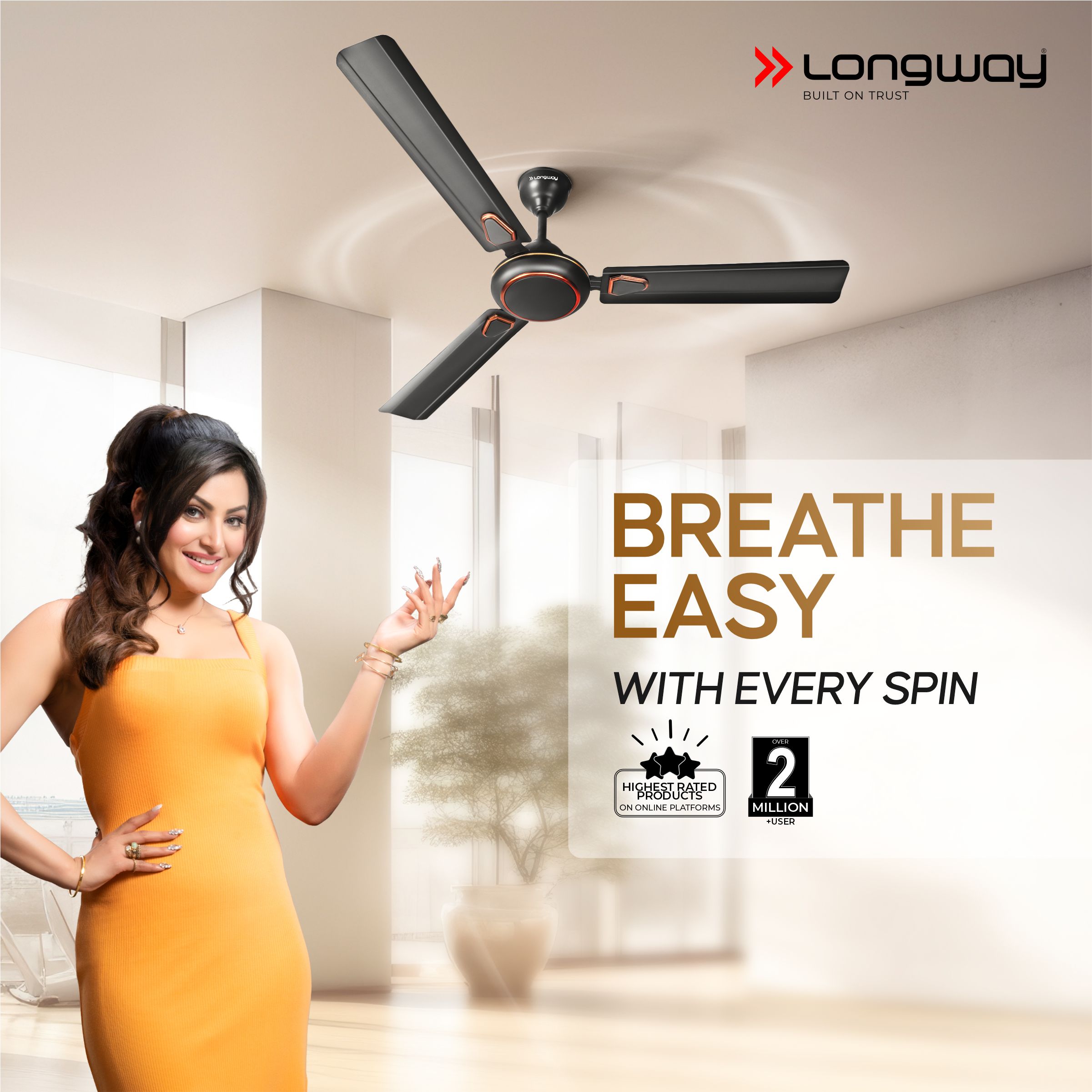 Longway Kiger P2 1200 mm/48 inch Ultra High Speed 3 Blade Anti-Dust Decorative Star Rated Ceiling Fan (Smoked Brown, Pack of 2)