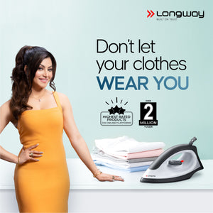 Longway Kwid Light Weight Non-Stick Teflon Coated Dry Iron, Electric Iron for Clothes | 1 Year Warranty | (1100 Watt, Black)