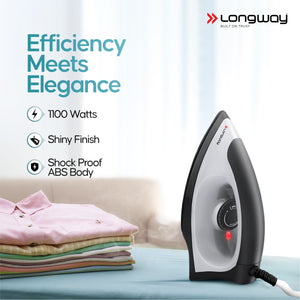 Longway Kwid Light Weight Non-Stick Teflon Coated Dry Iron, Electric Iron for Clothes | 1 Year Warranty | (1100 Watt, Black)