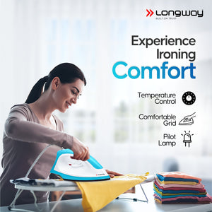 Longway Kwid Light Weight Non-Stick Teflon Coated Dry Iron, Electric Iron for Clothes | 1 Year Warranty | (1100 Watt, Blue)