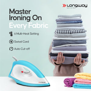 Longway Kwid Light Weight Non-Stick Teflon Coated Dry Iron, Electric Iron for Clothes | 1 Year Warranty | (1100 Watt, Blue)