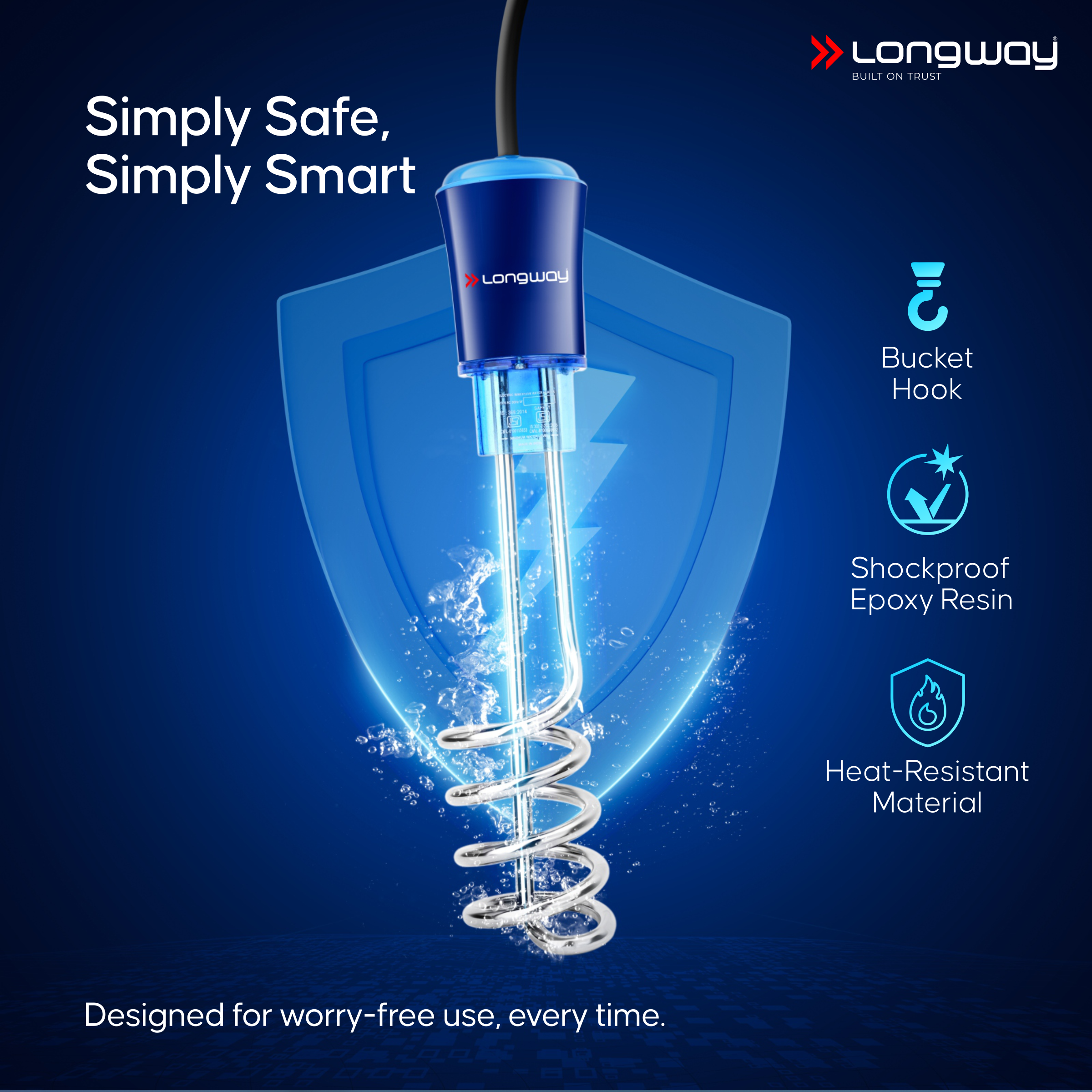 Longway LWIR01 1500/2000 Watt Immersion Rod, Water Heater with Waterproof & Shockproof Protection ISI Certified | 2 Years Warranty