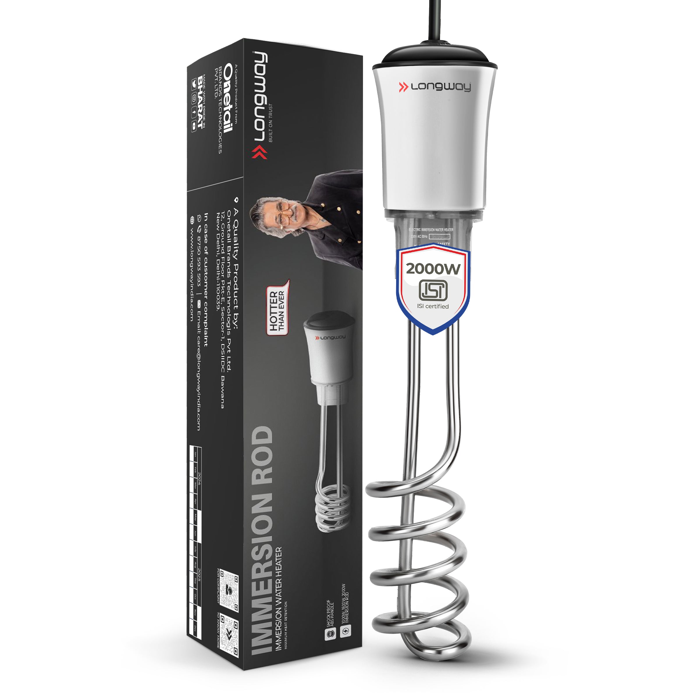 Longway LWIR01 1500/2000 Watt Immersion Rod, Water Heater with Waterproof & Shockproof Protection ISI Certified | 2 Years Warranty (White)