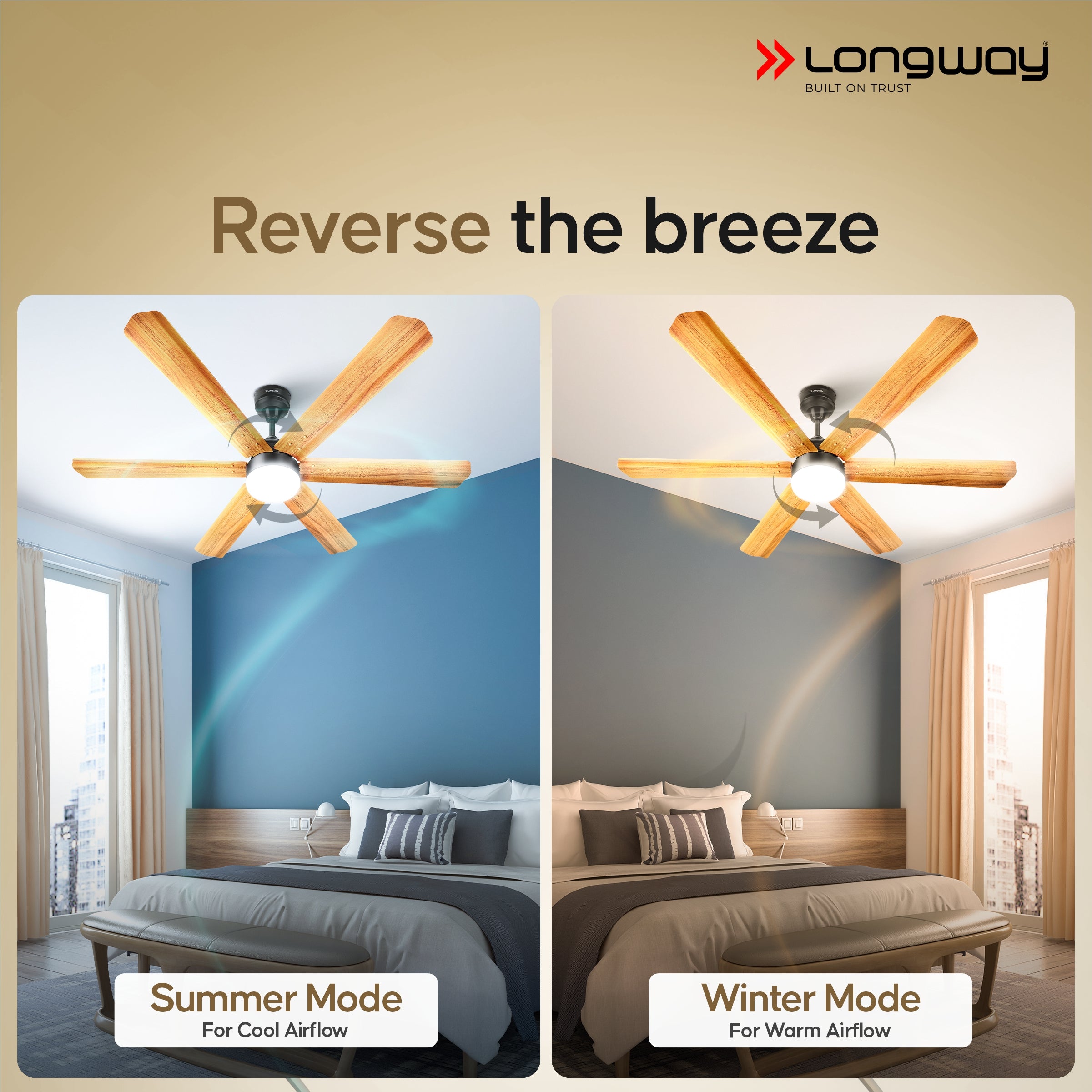 Longway Luminair Max 1200 mm BLDC Ceiling Fan with Remote Control & LED Light | BEE 5 Star Rated Energy Efficient | Ultra High Speed 6 Blade Anti-Dust Decorative Ceiling Fan | 5 Years Warranty (Golden Birch, Pack of 1)