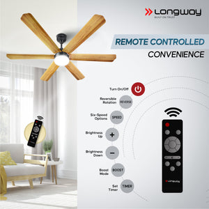 Longway Luminair Max 1200 mm BLDC Ceiling Fan with Remote Control & LED Light | BEE 5 Star Rated Energy Efficient | Ultra High Speed 6 Blade Anti-Dust Decorative Ceiling Fan | 5 Years Warranty (Golden Birch, Pack of 1)