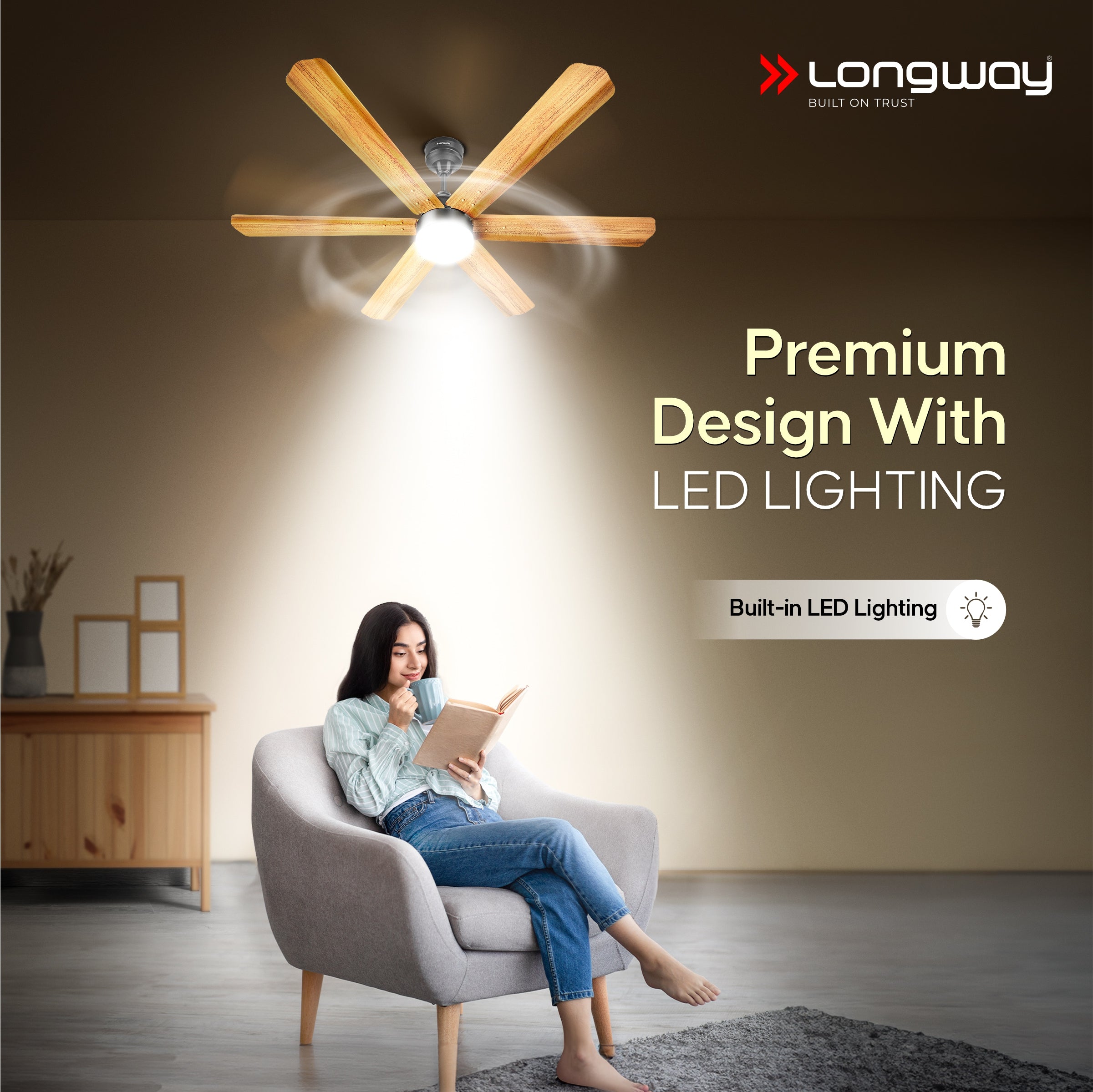 Longway Luminair Max 1200 mm BLDC Ceiling Fan with Remote Control & LED Light | BEE 5 Star Rated Energy Efficient | Ultra High Speed 6 Blade Anti-Dust Decorative Ceiling Fan | 5 Years Warranty (Golden Birch, Pack of 1)