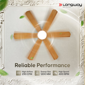 Longway Luminair Max 1200 mm BLDC Ceiling Fan with Remote Control & LED Light | BEE 5 Star Rated Energy Efficient | Ultra High Speed 6 Blade Anti-Dust Decorative Ceiling Fan | 5 Years Warranty (Golden Birch, Pack of 1)