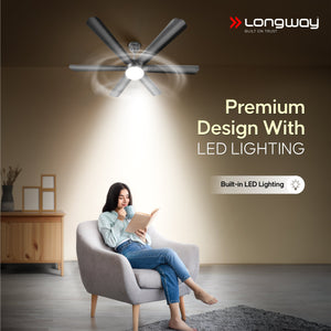 Longway Luminair 1200 mm BLDC Ceiling Fan with Remote Control & LED Light | BEE 5 Star Rated Energy Efficient | Ultra High Speed 6 Blade Anti-Dust Decorative Ceiling Fan | 5 Years Warranty (Smoked Brown, Pack of 1)