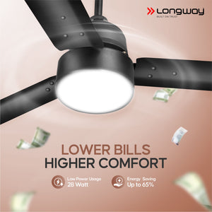 Longway Luminair 1200 mm BLDC Ceiling Fan with Remote Control | BEE 5 Star Rated Energy Efficient | Ultra High Speed 3 Blade Anti-Dust Decorative Ceiling Fan | 5 Years Warranty (Smoked Brown, Pack of 2)
