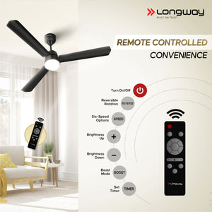 Longway Luminair 1200 mm BLDC Ceiling Fan with Remote Control | BEE 5 Star Rated Energy Efficient | Ultra High Speed 3 Blade Anti-Dust Decorative Ceiling Fan | 5 Years Warranty (Smoked Brown, Pack of 2)