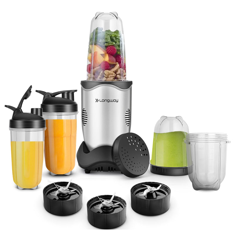 Longway Nutri Power 600 W Bullet Mixer Grinder & Smoothie Maker with Stainless Steel Blades & ABS Plastic Body | 22000 RPM | 3 Years Warranty (5 Jars, Silver)