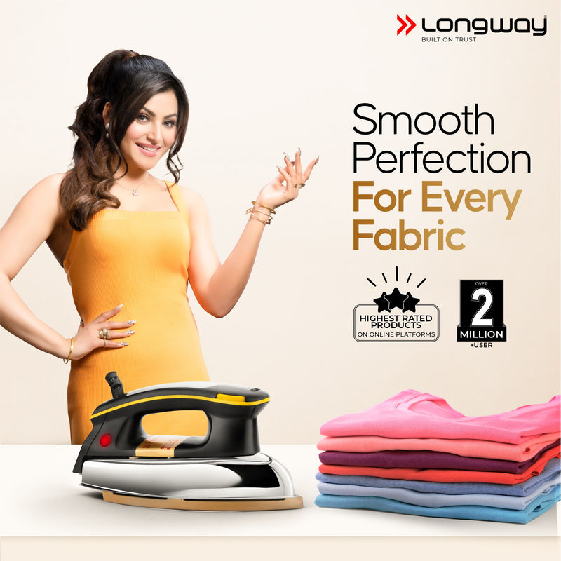 Longway Plancha Heavy Weight Non-Stick Teflon Coated Dry Iron, Electric Iron for Clothes | 1 Year Warranty | (1000 Watt, Black)