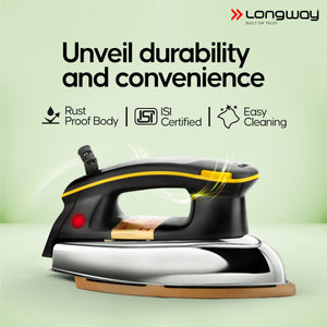 Longway Plancha Heavy Weight Non-Stick Teflon Coated Dry Iron, Electric Iron for Clothes | 1 Year Warranty | (1000 Watt, Black)