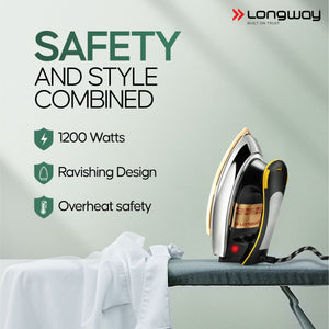 Longway Plancha Heavy Weight Non-Stick Teflon Coated Dry Iron, Electric Iron for Clothes | 2 Years Warranty| (1200 Watt)