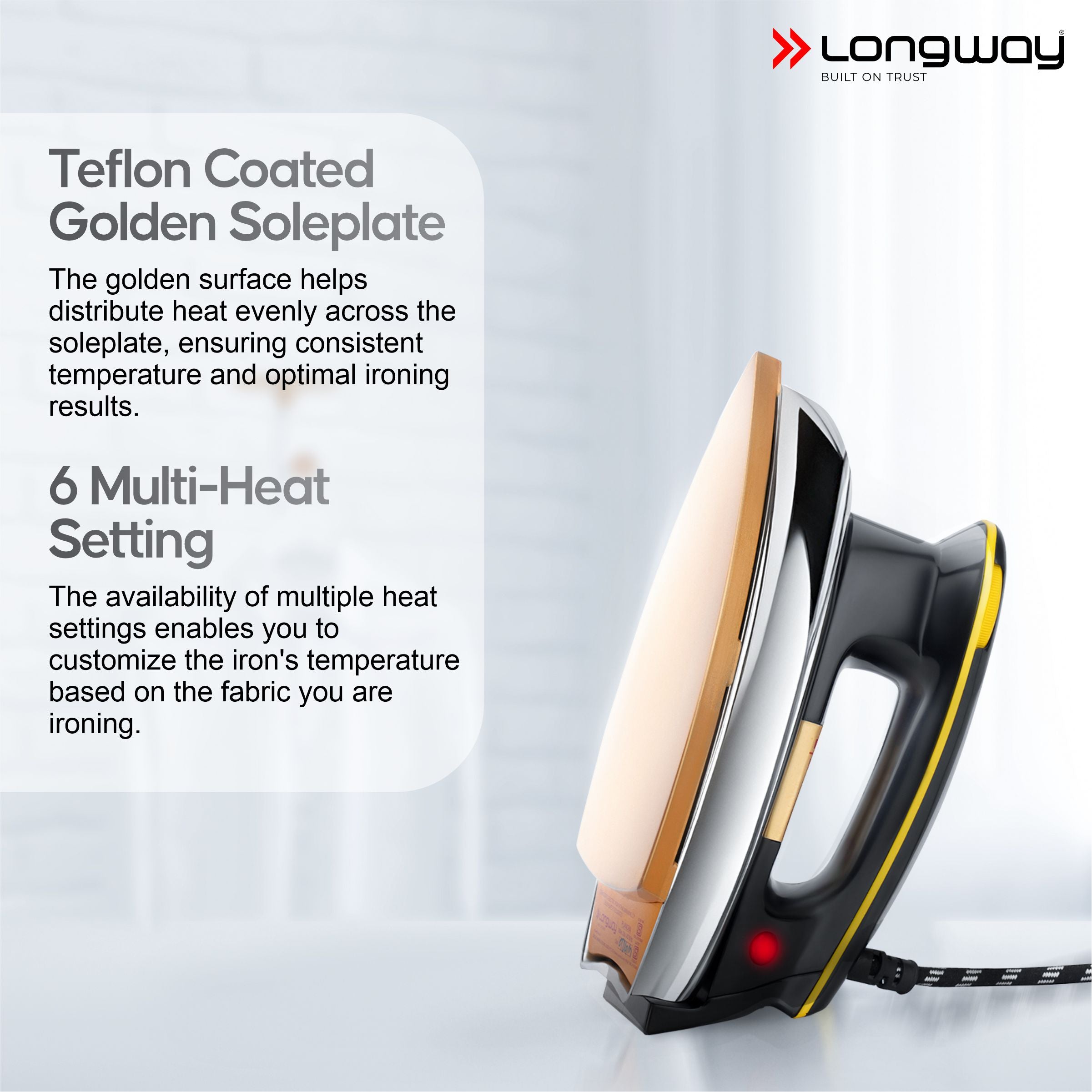 Longway Plancha Heavy Weight Non-Stick Teflon Coated Dry Iron, Electric Iron for Clothes | 2 Years Warranty| (1200 Watt)