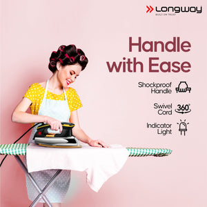 Longway Plancha Heavy Weight Non-Stick Teflon Coated Dry Iron, Electric Iron for Clothes | 2 Years Warranty| (1200 Watt)
