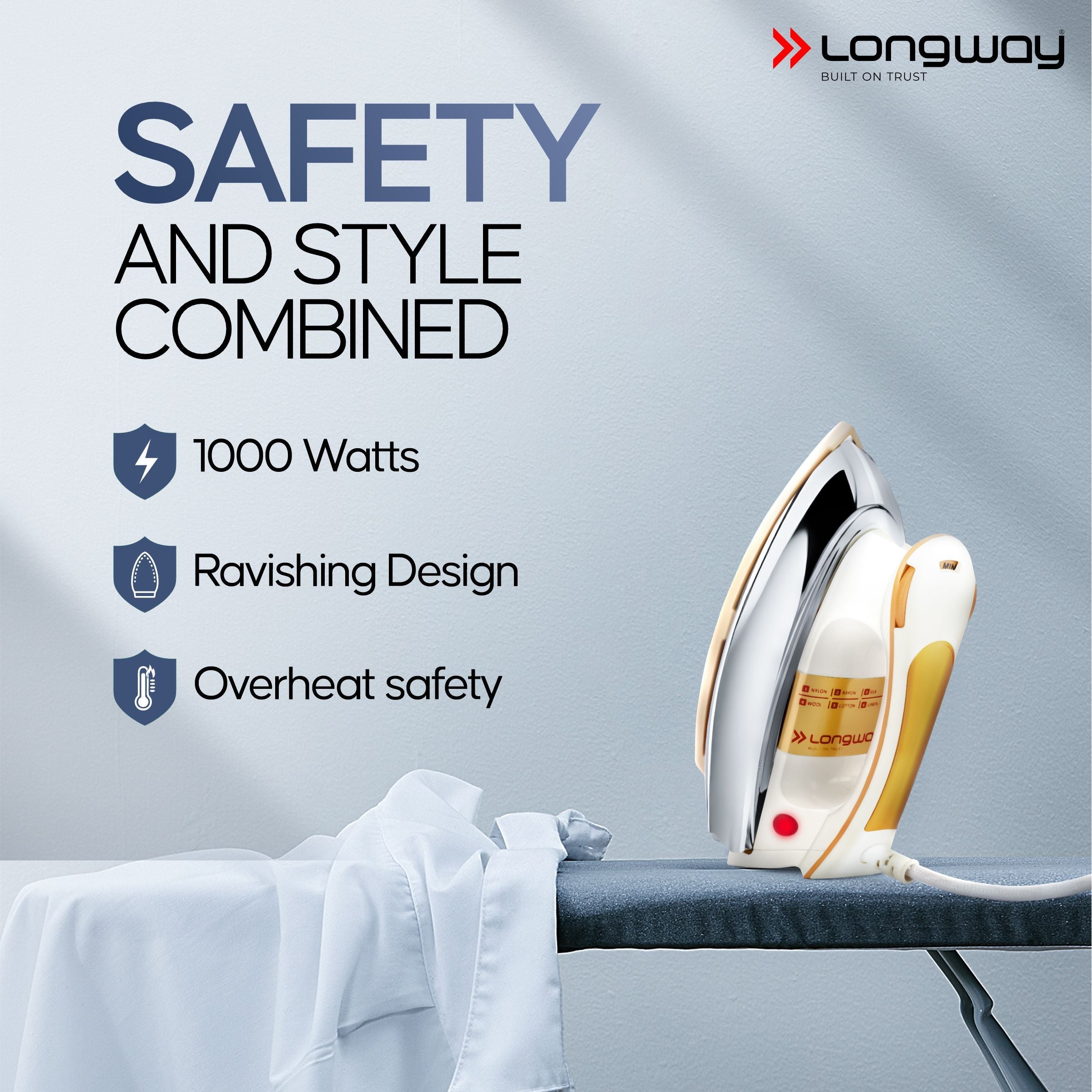 Longway Plancha Heavy Weight Non-Stick Teflon Coated Dry Iron, Electric Iron for Clothes | 1 Year Warranty| (1000 Watt, Ivory)