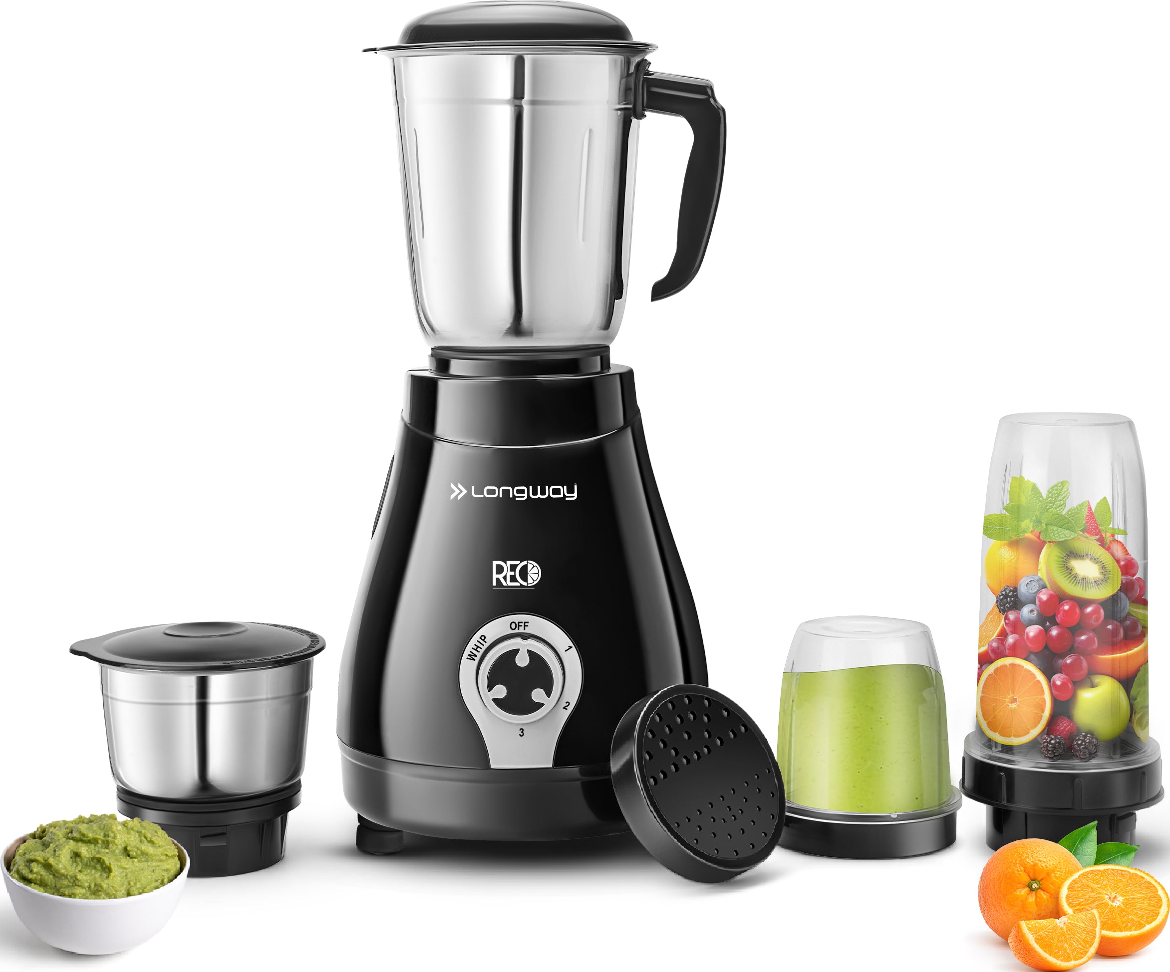 Longway Mix Pro 550 Watt Mixer Grinder with 4 Jars for Grinding, Mixing, Blending, Juicing with Powerful Motor | 2 Year Warranty | (Black, 4 Jars)
