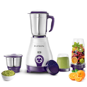 Longway Reo 550 Watt Mixer Grinder with 4 Jars for Grinding, Mixing, Blending, Juicing with Powerful Motor | 1 Year Warranty | (Purple, 4 Jars)